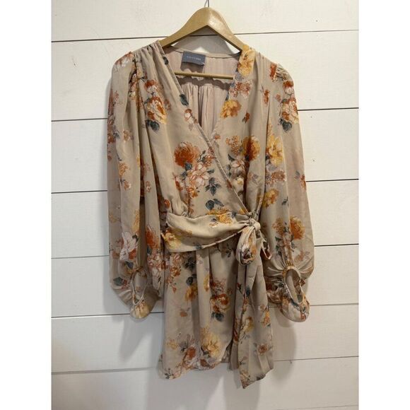 Hudson Gray Taupe Floral Wrap Mini Dress Medium - Picture 1 of 8